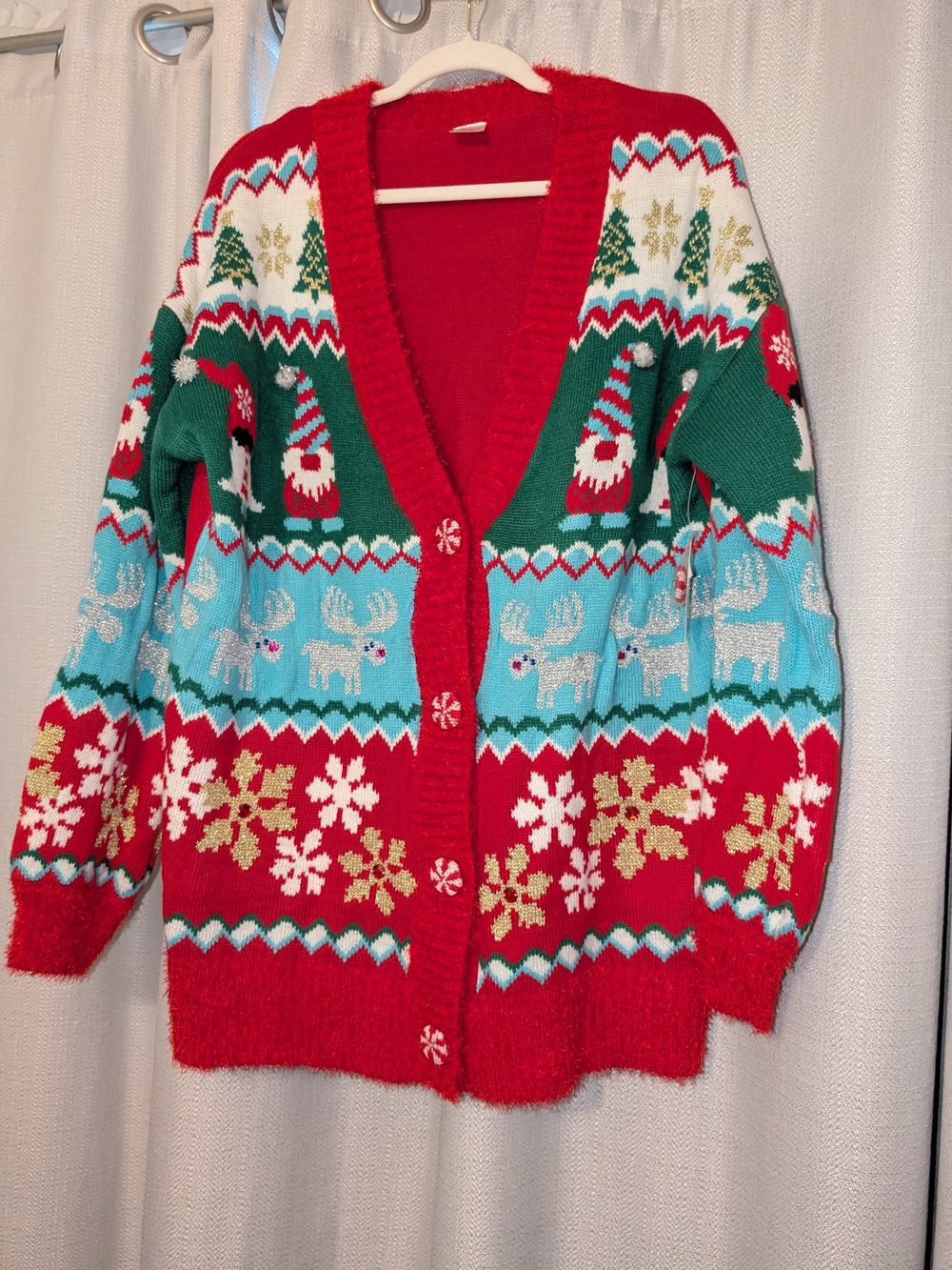 NWT Red & Green Holiday Cardigan Sweater - Festive Knit Button-Up XL